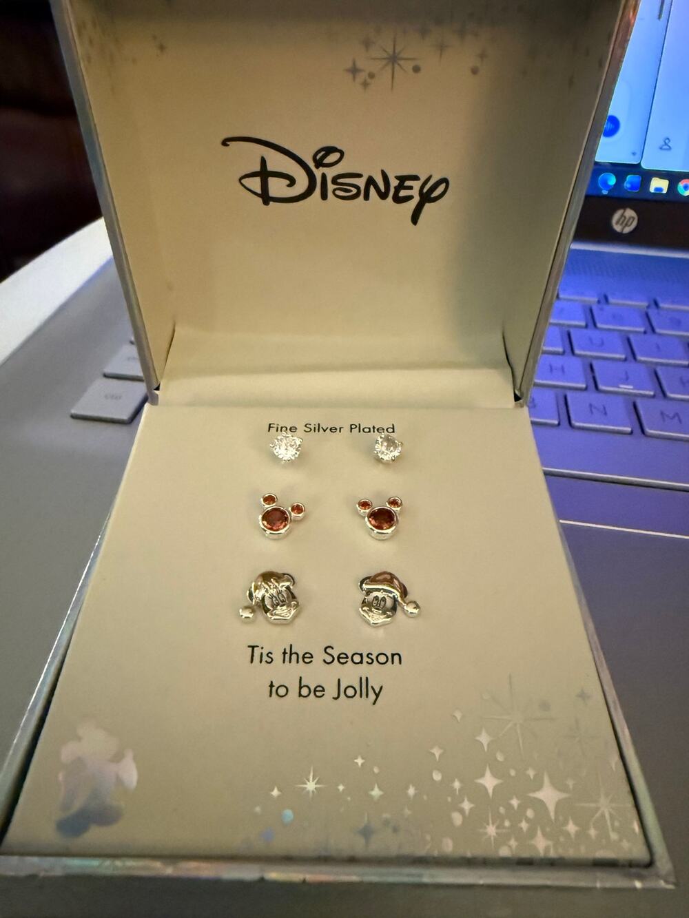 Disney Mickey Minnie Christmas Stud Earrings Set 3 Pair Silver Plated NIB